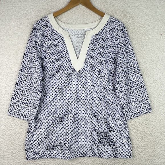 Tommy Bahama IslandZone Womens Tunic Top Blue White Geometric Split Neck M‎ - Picture 3 of 12